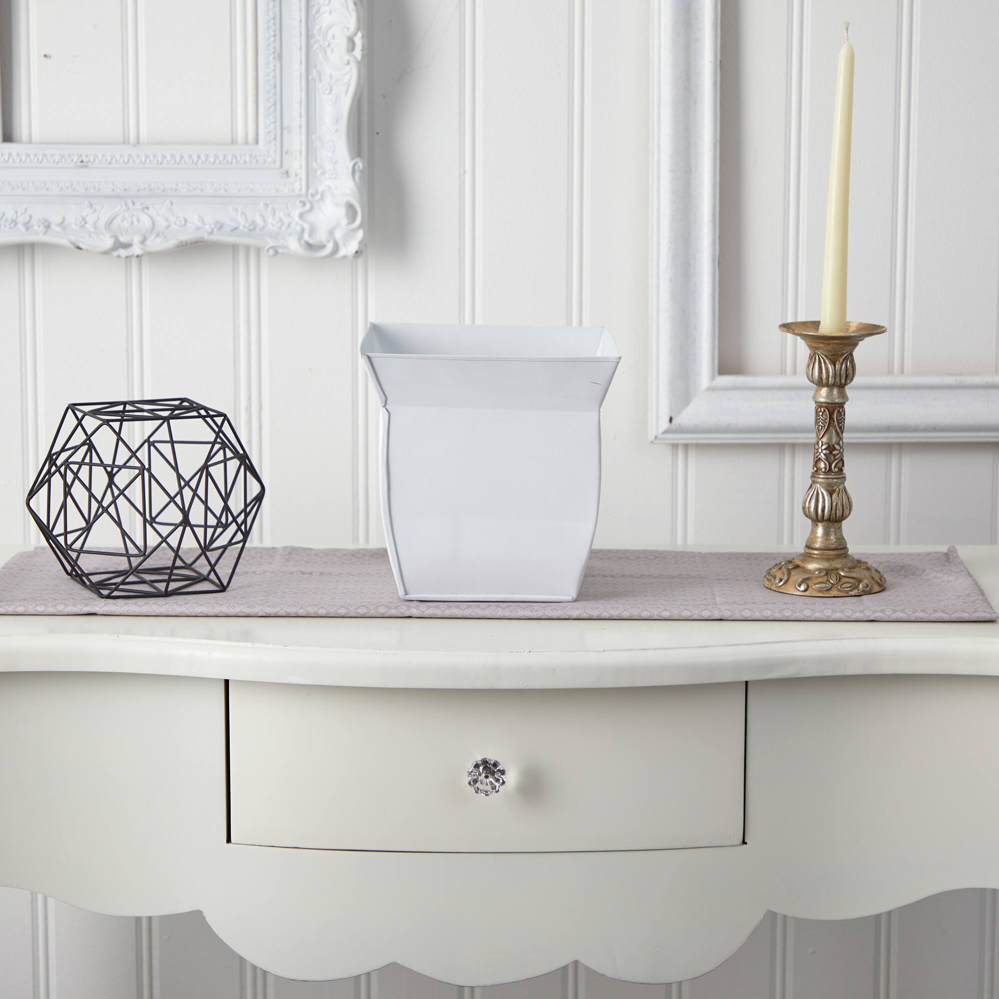 8" White Fluted Metal Square Planter